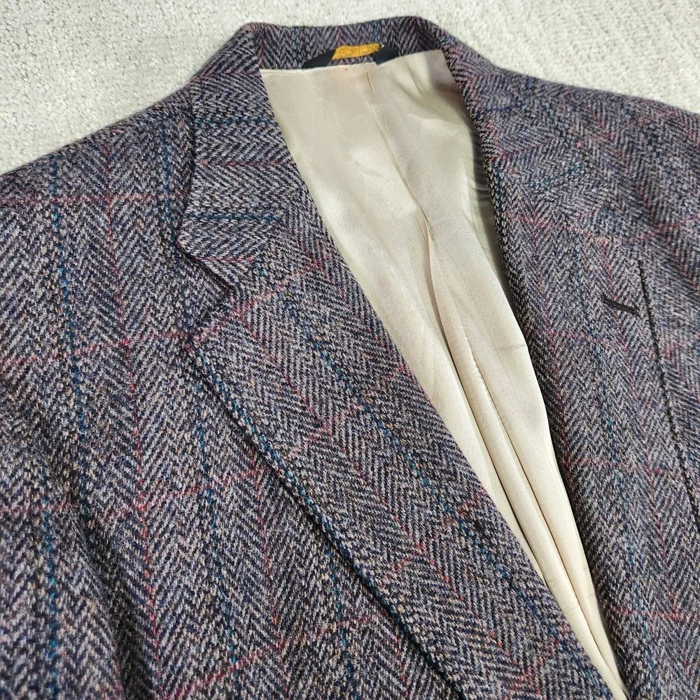 Vintage Manx Tweed Blazer Men 46 Herringbone Handwoven Wool Leather Button‎
